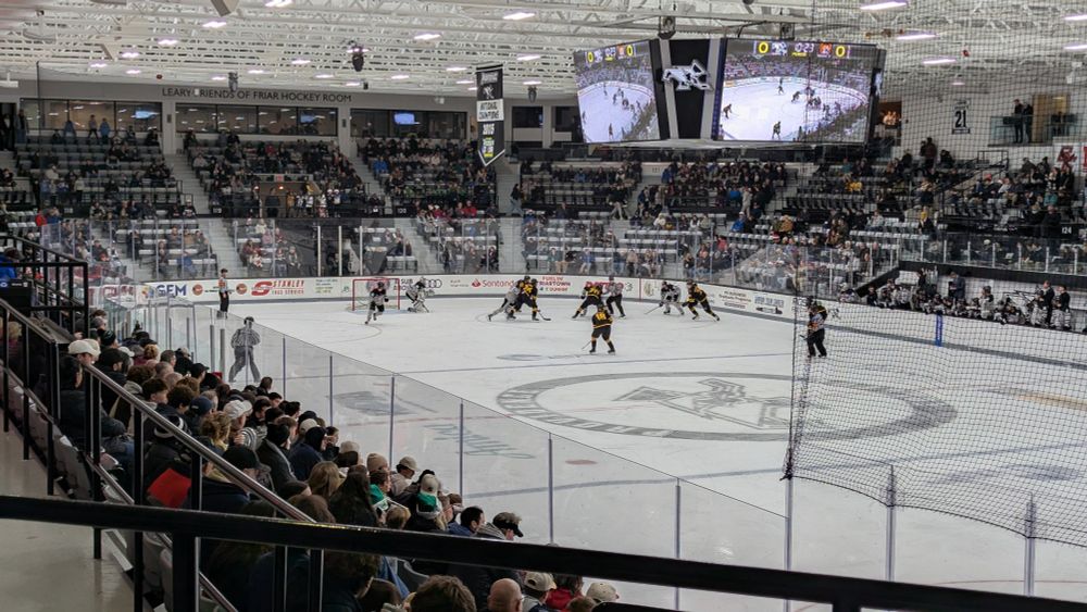 Wide shot of the hockey rink at Schneider Arena at Providence College.