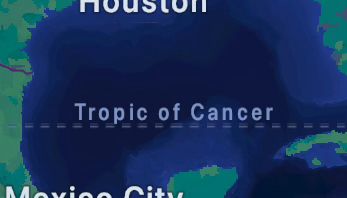 apple maps screenshot at a zoom level where the Tropic of Cancer label replaces the Gulf of Mexico label 