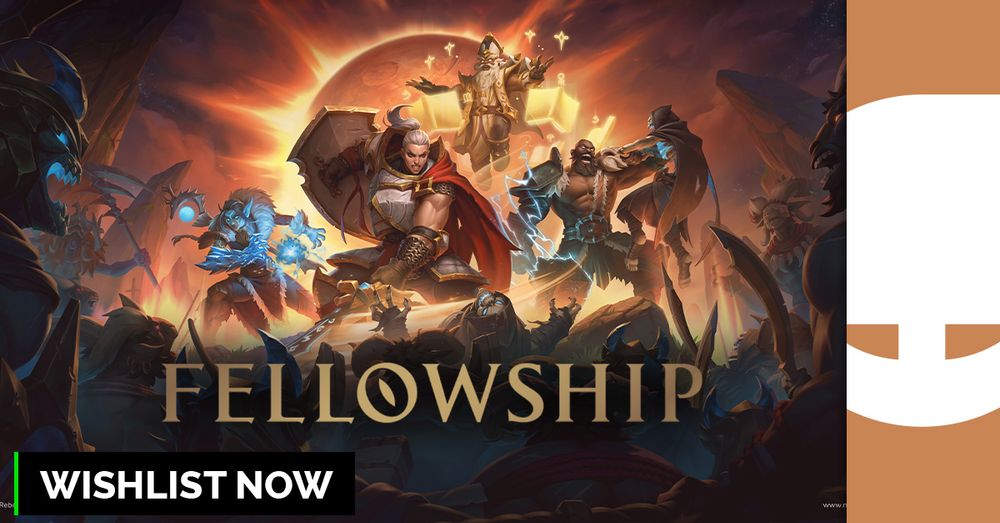 Promotional artwork for the video game "Fellowship," featuring a dynamic ensemble of fantasy characters ready for battle, with a bold "WISHLIST NOW" call to action at the bottom.