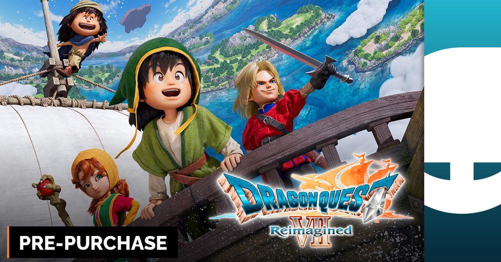 Promotional image for Dragon Quest VII Reimagined featuring three animated characters on a ship, with a scenic mountainous backdrop, and a "Pre-Purchase" banner at the bottom.