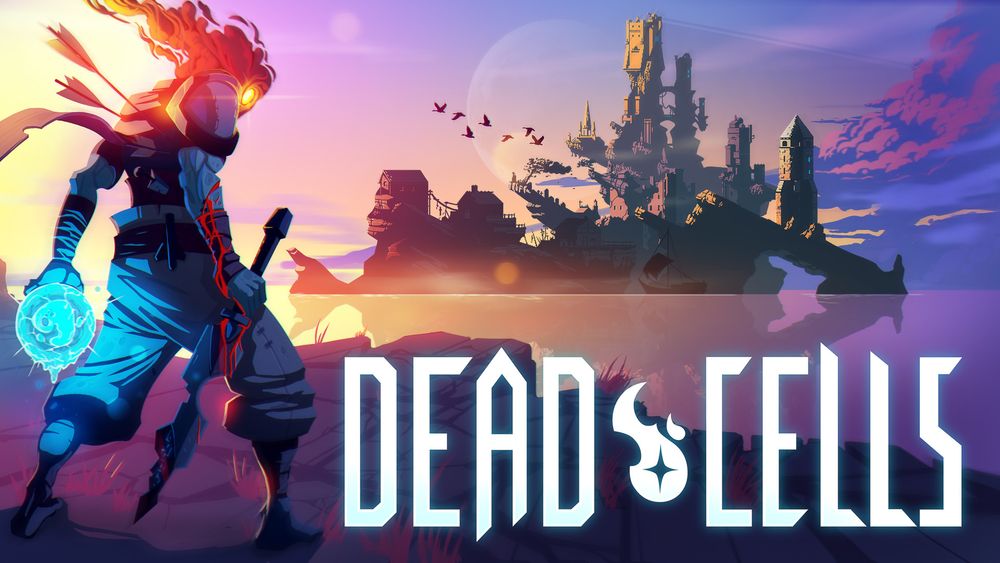 Promotional graphic for the video game "Dead Cells" featuring a dynamic character wielding a sword and a magical orb moving towards a castle at sunset.