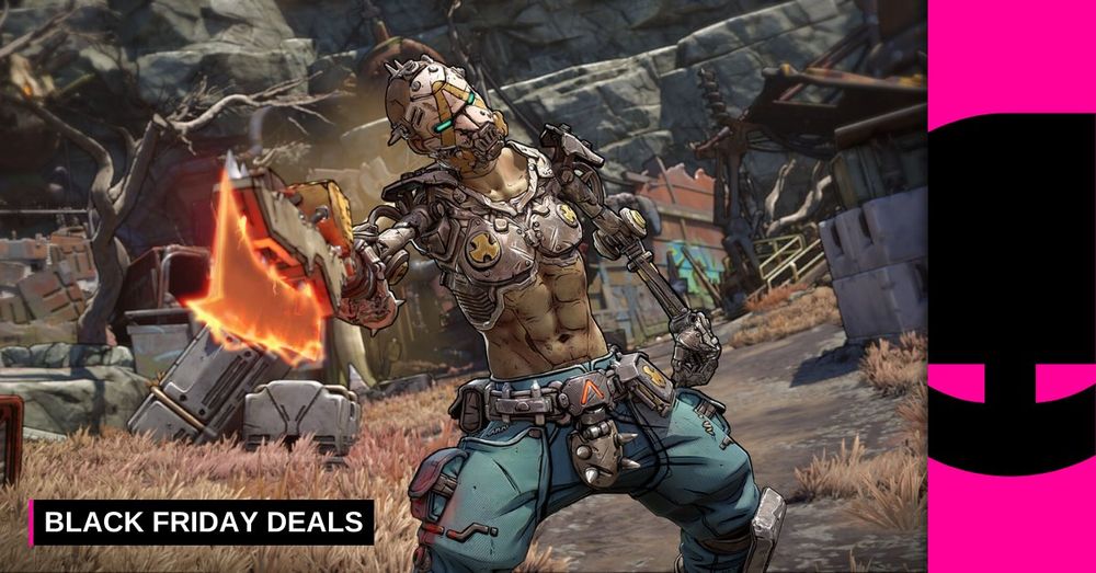 Promotional image featuring a character from the video game Borderlands, posing triumphantly on a battlefield, with 'Black Friday Deals' text displayed.