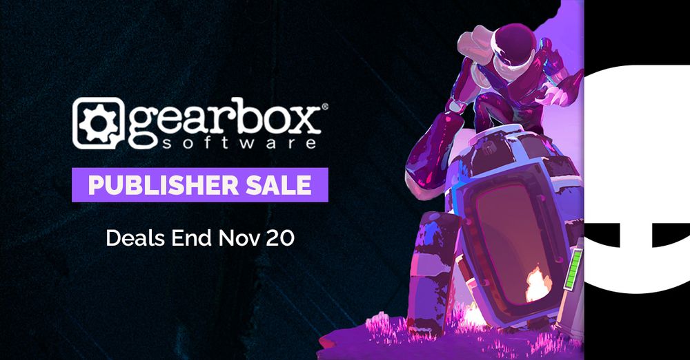 Promotional banner for Gearbox Software's Publisher Sale showing a futuristic armored character with glowing elements, set against a dark, textured background. Text announces that deals end November 20.