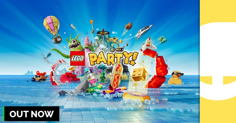Colorful promotional image for "LEGO Party," featuring various LEGO pieces and characters exploded in action against a bright, sky-blue background with the text "OUT NOW" at the bottom.