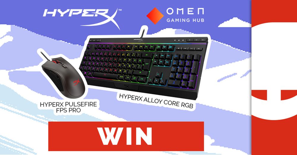 Promotional image featuring HyperX Pulsefire FPS Pro gaming mouse and HyperX Alloy Core RGB keyboard with the OMEN Gaming Hub logo in the background. Text reads 'WIN' in large letters.