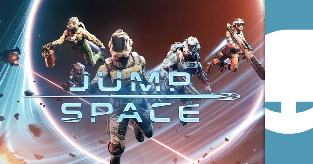 Promotional graphic for "Jump Space," featuring three astronauts in space suits propelling through a vibrant cosmic setting.