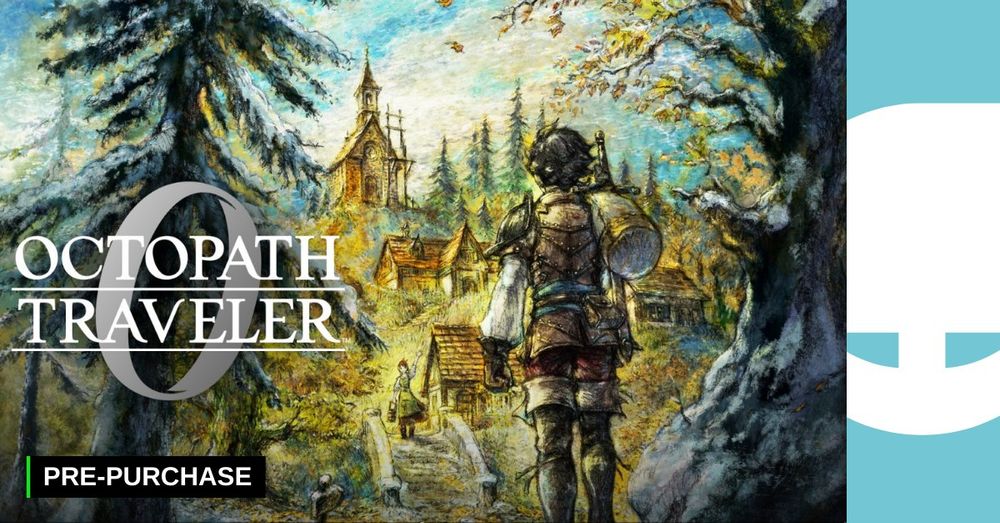 Promotional image for Octopath Traveler video game featuring an illustrated character with a backpack looking towards a distant village surrounded by trees.