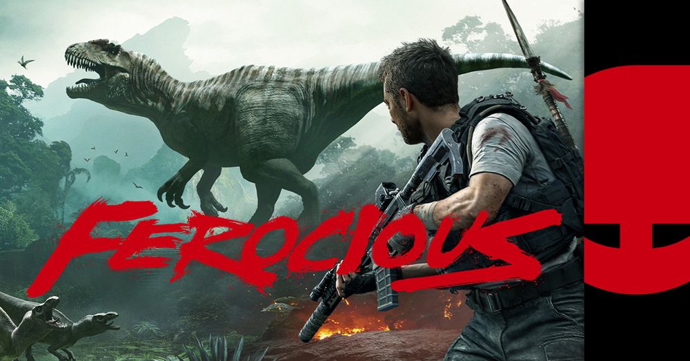 A promotional image for the movie "Ferocious" featuring a person holding a gun with dinosaurs in a jungle setting, indicating an action-packed scene.