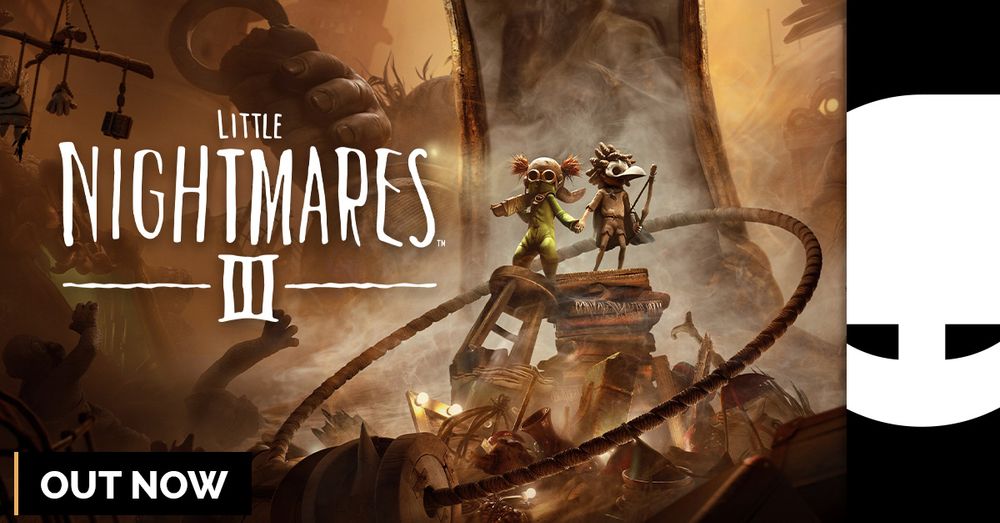 Promotional image for the video game "Little Nightmares III." Text reads "OUT NOW."
