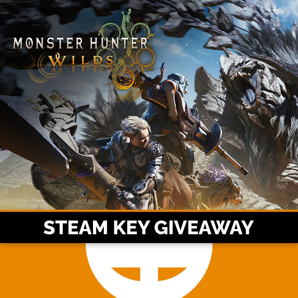 Promotional image for a "Monster Hunter World" Steam key giveaway featuring a hunter with a large weapon facing a giant monster.