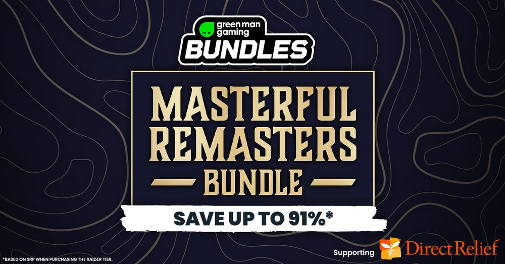 Promotional banner for Green Man Gaming's Masterful Remasters Bundle, offering savings up to 91%, supporting Direct Relief. The background features a dark blue design with abstract lines.