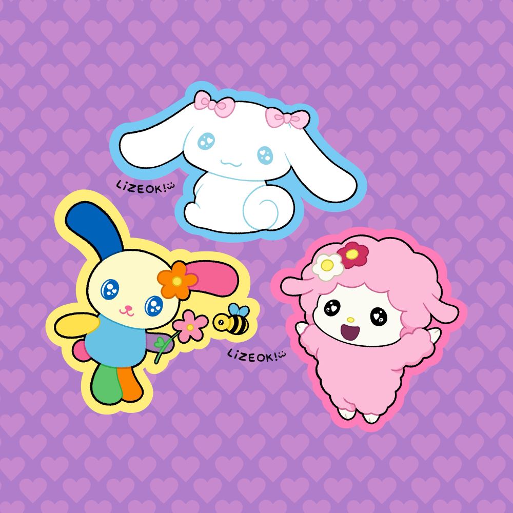 illustrations of sanrio characters usahana (rainbow puppy with bee), cinnamoroll (white puppy with long ears and bows), and my sweet piano (pink lamb with flowers)