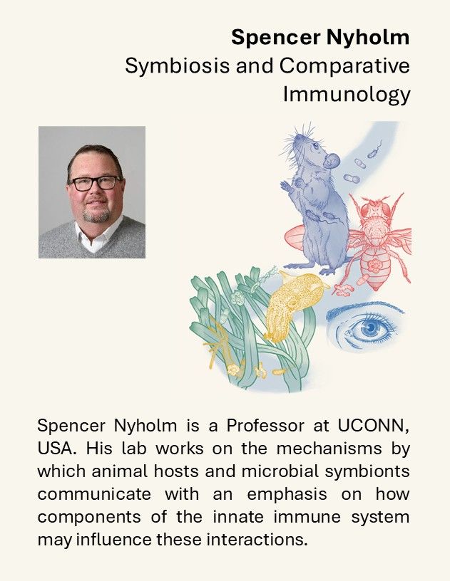 Spencer Nyholm is a Professor at UCONN. His lab works on the mechanisms by which animal hosts and microbial symbionts communicate with an emphasis on how components of the innate immune system may influence these interactions.