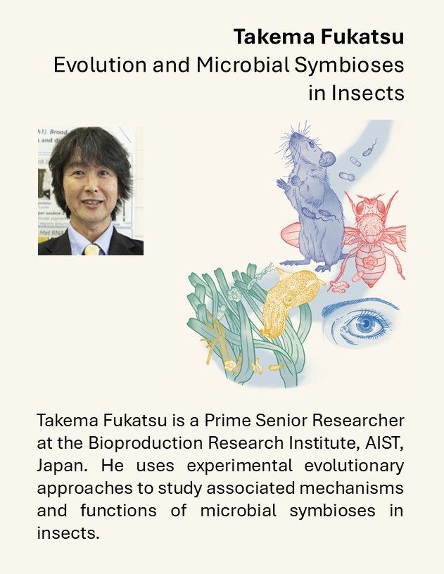 Takema Fukatsu is a Prime Senior Researcher at the Bioproduction Research Institute, AIST. He uses experimental evolutionary approaches to study associated mechanisms and functions of microbial symbioses in insects.
