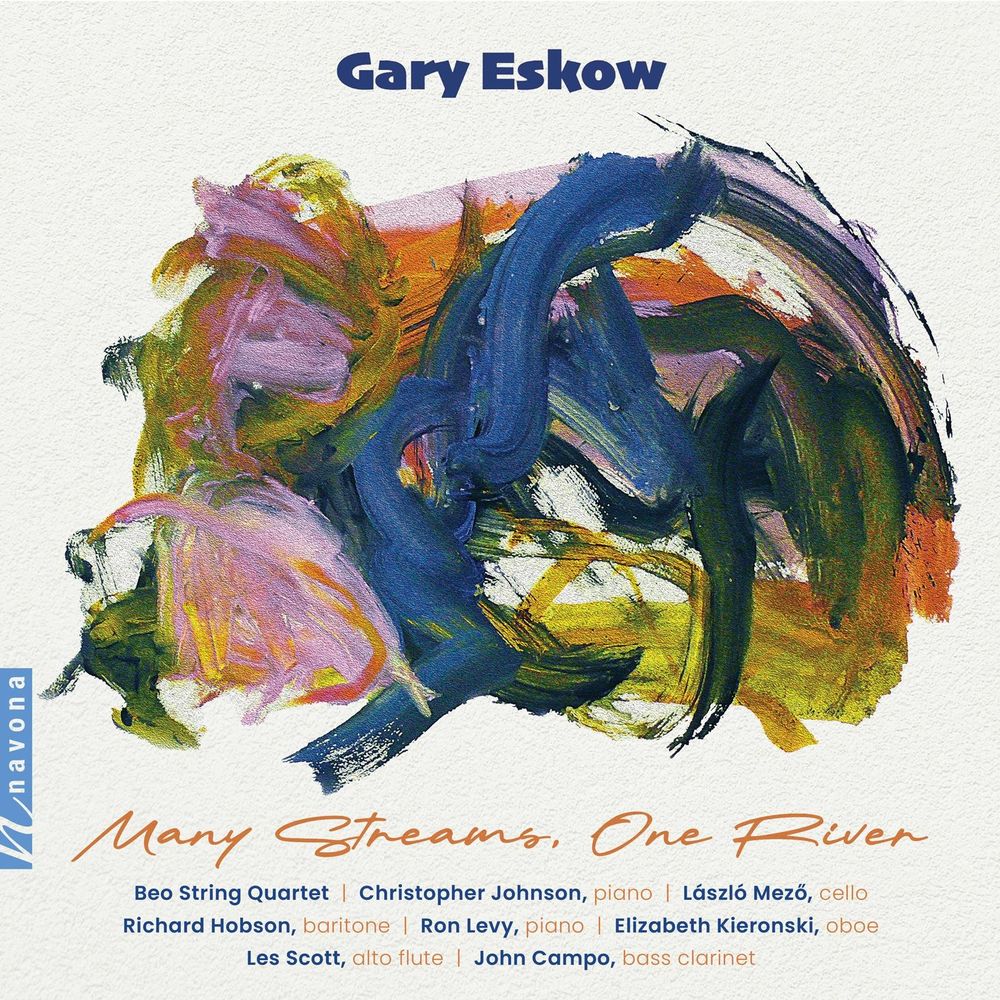 Cover of Gary Eskow's Navona Records album "Many Streams, One River (Volume 1)", featuring an abstract painting with thick strokes of different colors all jumbled up.