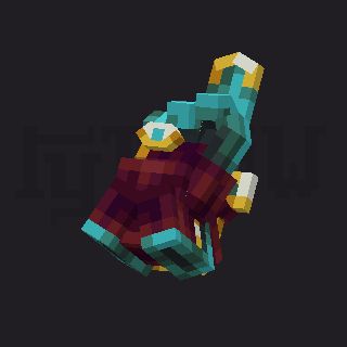 Nirvana Model - a glowing blue hand wrapped in crimson cloth, with golden highlights. A blue blade comes out of the cloth, and the hand holds a blinking eye