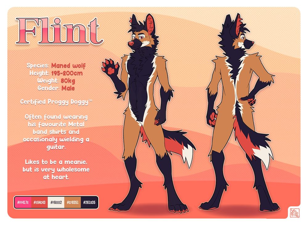 Reference sheet for a maned wolf character called Flint on which there are a front and back view of him. He's a male maned wolf. Almost 200cm tall and weighs 80kg's. He's a certified proggy doggy who loves prog-metal and prog-rock. He's often found wearing his favorite metal band shirts and occasionally wielding a guitar. He likes to act like a meanie but is very wholesome at heart.