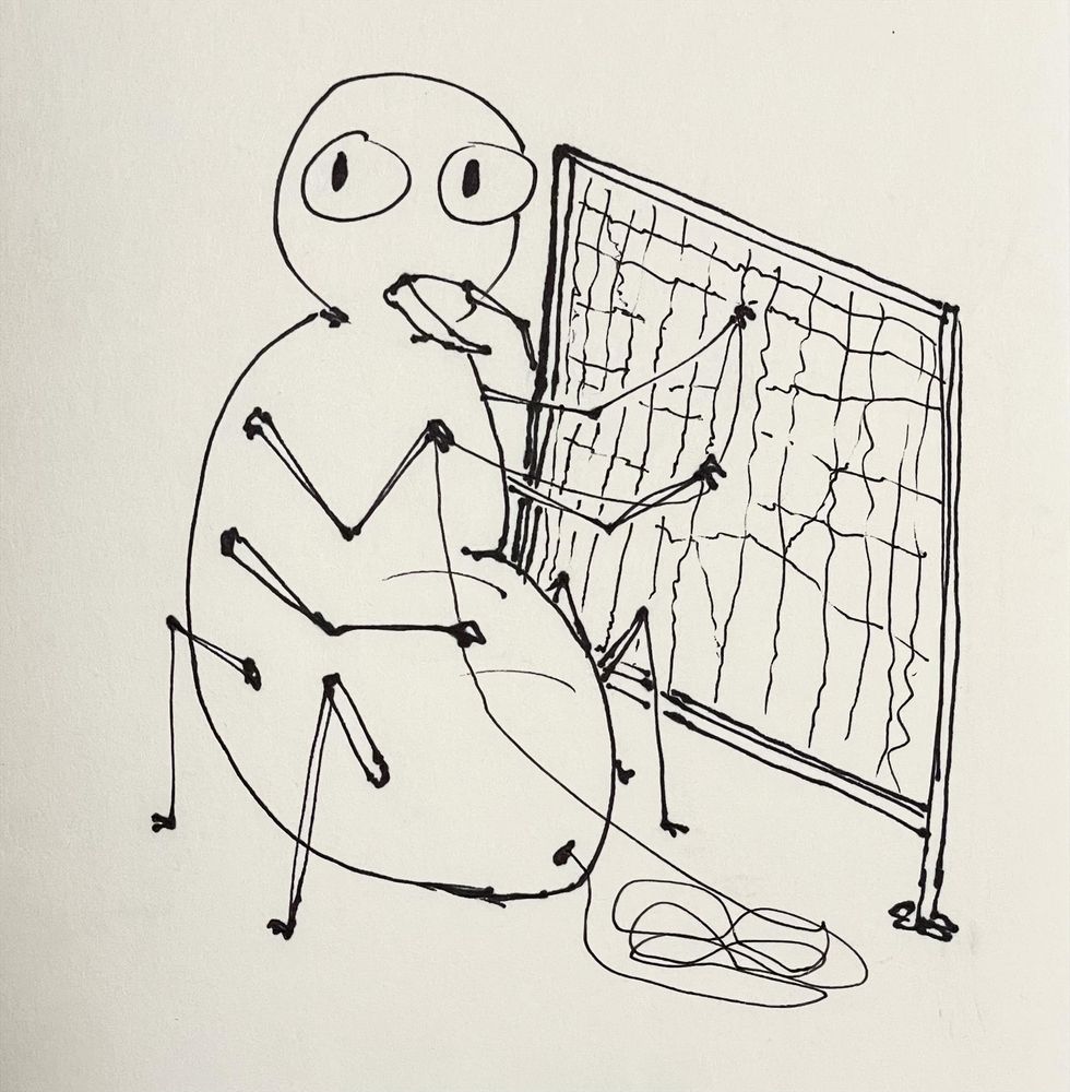 Drawing of a spider weaving a blanket from the silk it’s actively squirting out.