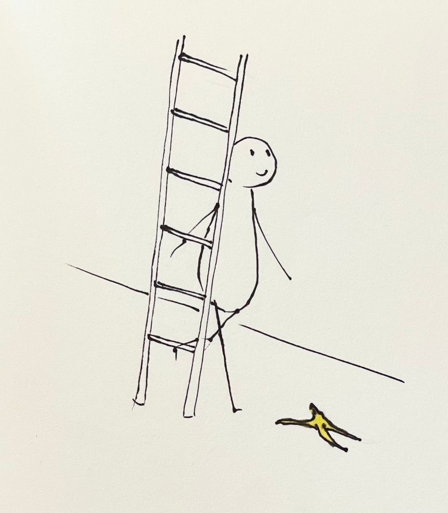 Drawing of a person walking under a ladder and about to step on a banana peel.