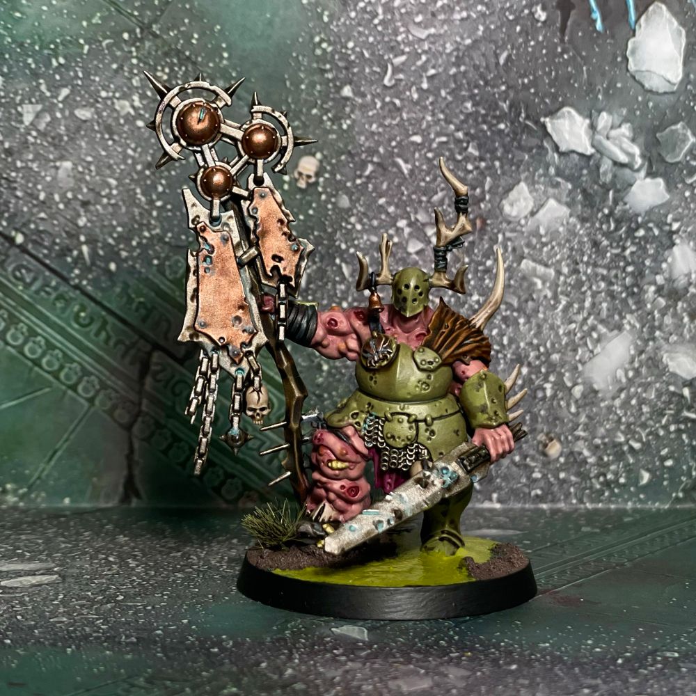 A warhammer age of Sigmar putrid blight king holding a sword and a banner of nurgle