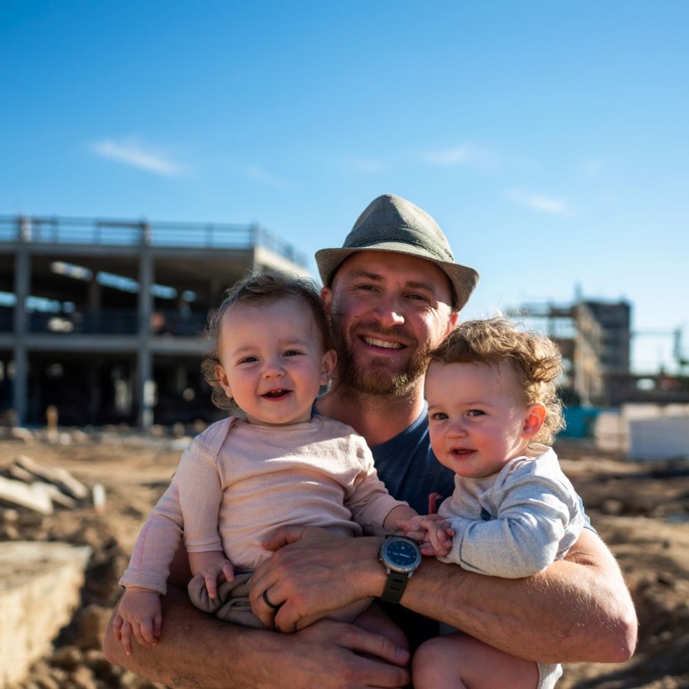 Man smiling in a hat, holding two toddlers whose arms blur together like they’re sharing extra limbs. One of the babies has three arms
