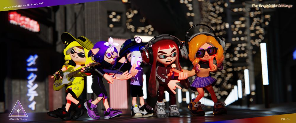 Five band members pose in a lively city street at night, surrounded by glowing string lights and neon signs. From left to right: Lacey strums her electric guitar in a bright yellow outfit and cap, Violetta reaches forward playing electric violin with a focused expression, MV wears a miner-style helmet with a glowing lamp and with a Cloudnone mask, Brian leans in, grabbing Kali's left arm to song with her microphone, and Kali stands joyfully at the end, smiling and blushing with oversized sunglasses and headphones. The bottom left corner shows the Electrify Harmony logo, while the top right reads The Brightside Siblings. The scene feels vibrant, playful, and full of musical energy.
