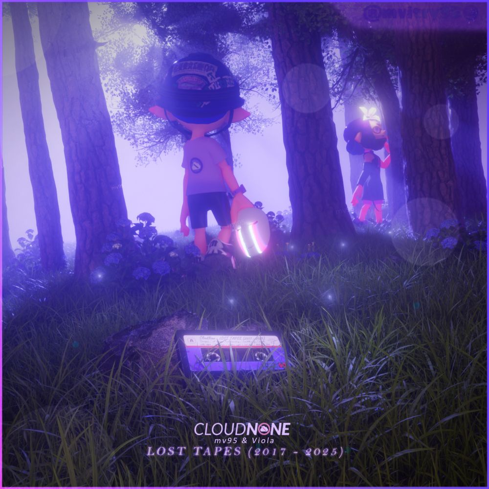 A tranquil forest illuminated in soft lavender hues. In the foreground, a glowing cassette tape rests in the grass. Two Inklings stand among the trees — MV on the left, wearing a miner-style helmet and holding a CloudNone mask, and Violetta in the background, while facing away. Fireflies shimmer faintly in the mist, evoking a nostalgic and dreamlike mood. Text at the bottom reads “CLOUDNONE – mv95 & Viola – LOST TAPES (2017–2025)”.