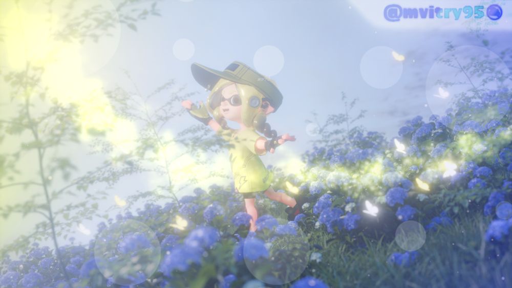 A dreamy, soft-focus scene of an Inktoling girl named Lacey dancing joyfully through a vibrant hydrangea field. She wears a yellow oversized shirt with a lightning bolt and rock design, a matching cap turned sideways, dark shorts, and black gloves. Her twin braids bounce with movement as she spreads her arms in delight. The background is filled with purple-blue hydrangeas and gentle greenery, bathed in a magical golden light. Ethereal butterflies, glowing softly, flutter around her, enhancing the fairytale-like atmosphere. The whole image is bathed in a misty, pastel glow with circular lens flares adding to the serene and whimsical vibe.