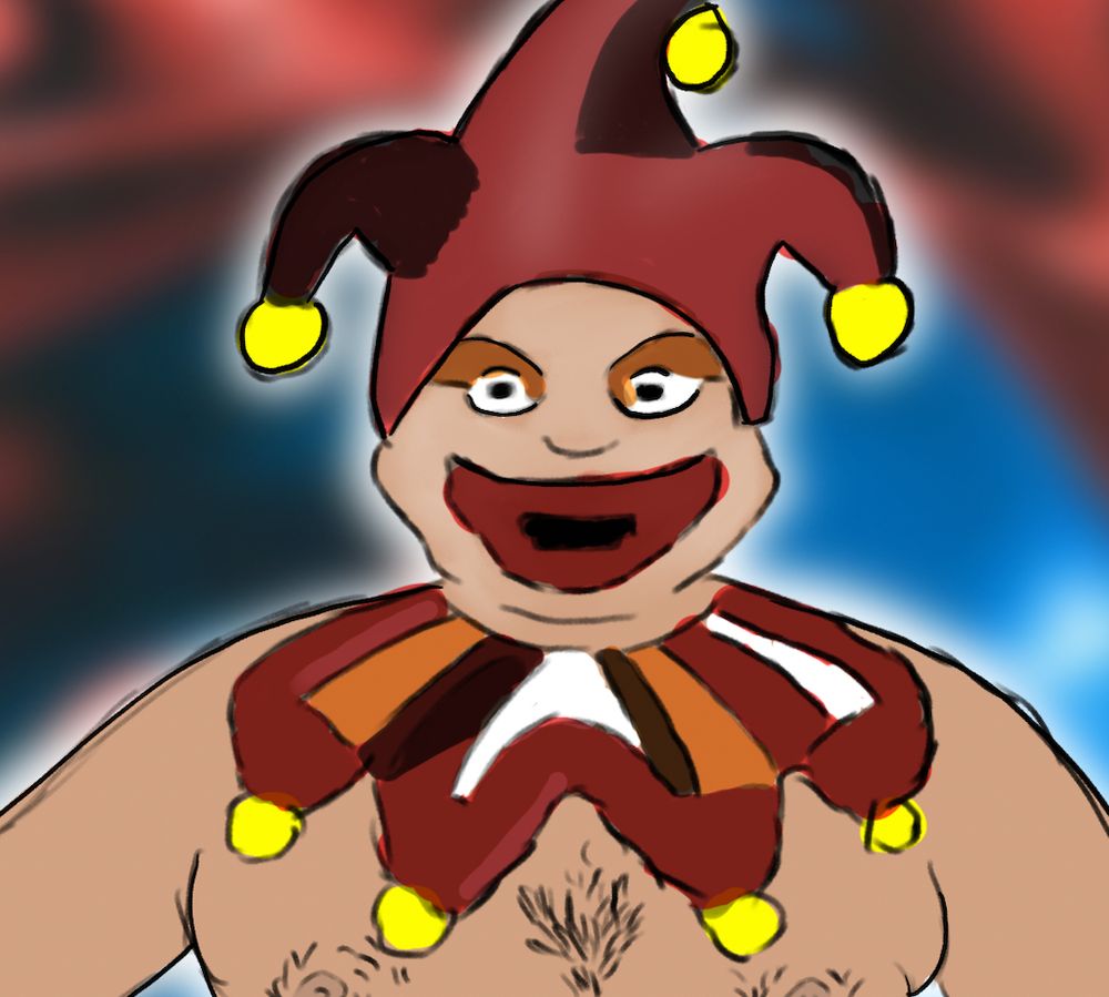 An image of Jimbo, the Balatro court jester, on top of the body of a husky man who isn't wearing a shirt. Behind them is the psychadelic background from the game Balatro