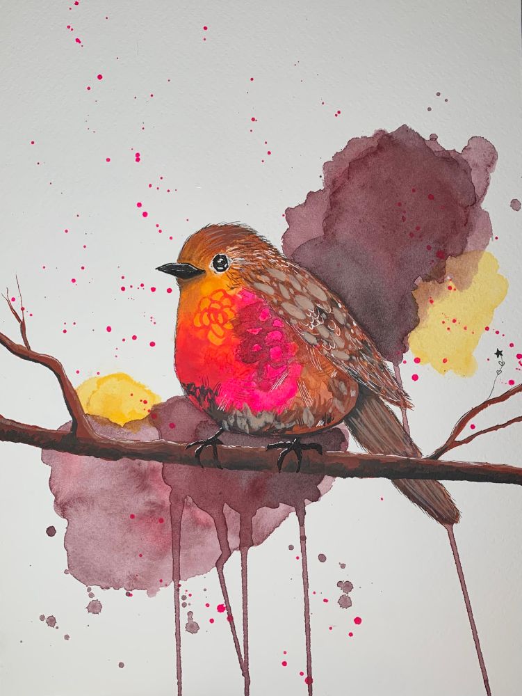 Whimsical robin with a bright pink breast, sitting on a branch. Burgundy and yellow “clouds” behind.