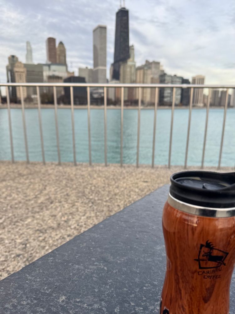 My Caribou coffee cup in the floor ground at Olive Park this morning, viewing Lake Michigan, and the skyline
