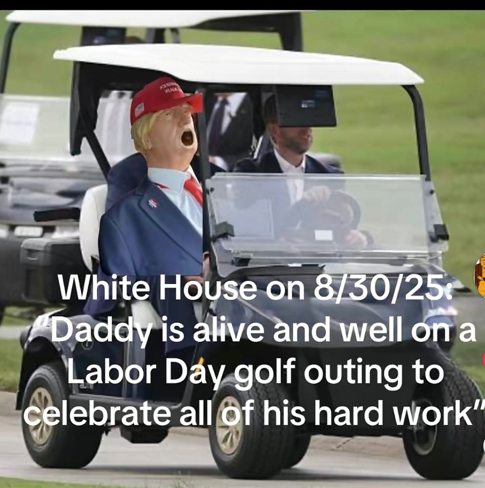A picture of a dummy in a golf cart that looks like Trump.
