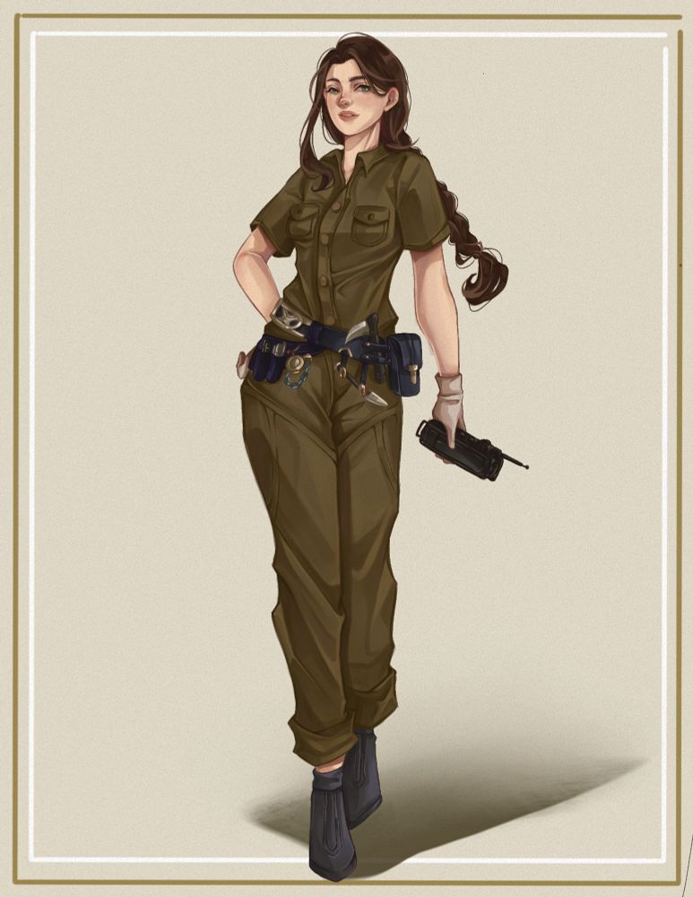Imani, a character from the novella One Last Game. She is a woman in her with dark brown hair in a braid, a dark green jump suit, and tool kit.