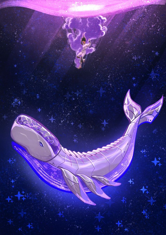Ishara and the space whale from the novel, The Celestial Seas. Ishara is a girl falling through an ocean of stars. She has long black hair and is wearing a white futuristic looking space suit. The space whale has six flippers and is made of mechanical components.