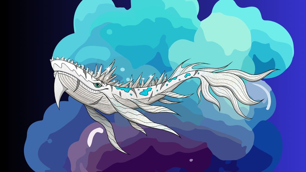 The space whale from The Celestial Seas. The whale is primarily colored white and blue. It has a crown of spikes, six flippers, and a fierce looking gaze.