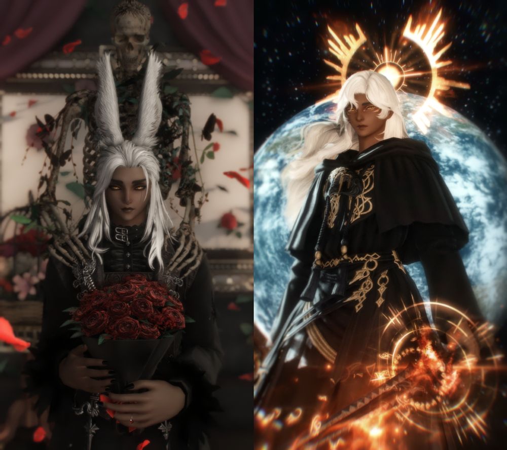 Two gpose screenshots from FFXIV depicting my WoL Nio and my Azem Laki, compiled into one picture.

The gpose on the left depicts Nio (my Warrior of Light) as he holds a bouquet of roses in his hands; a skeleton stands behind him, resting its hands on his shoulders. The figures are surrounded by rose petals.

The gpose on the right depicts Laki (my Azem) in battle stance with flaming swords in their hands and a sun halo floating above them; Etheirys can be seen in the background.