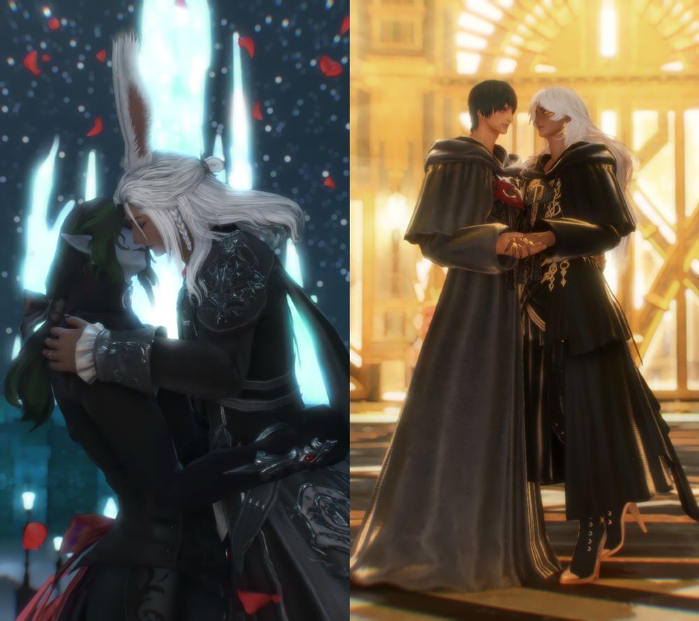 Two gpose screenshots from FFXIV depicting my Wolship and Azemship, compiled into one picture.

The gpose on the left depicts Amon and Nio kissing each other in front of Crystal Tower at night, surrounded by red rose petals.

The gpose on the right depicts Laki and Hermes holding hands and fondly looking at each other in the Chamber of Fourteen, in their time as lovers.