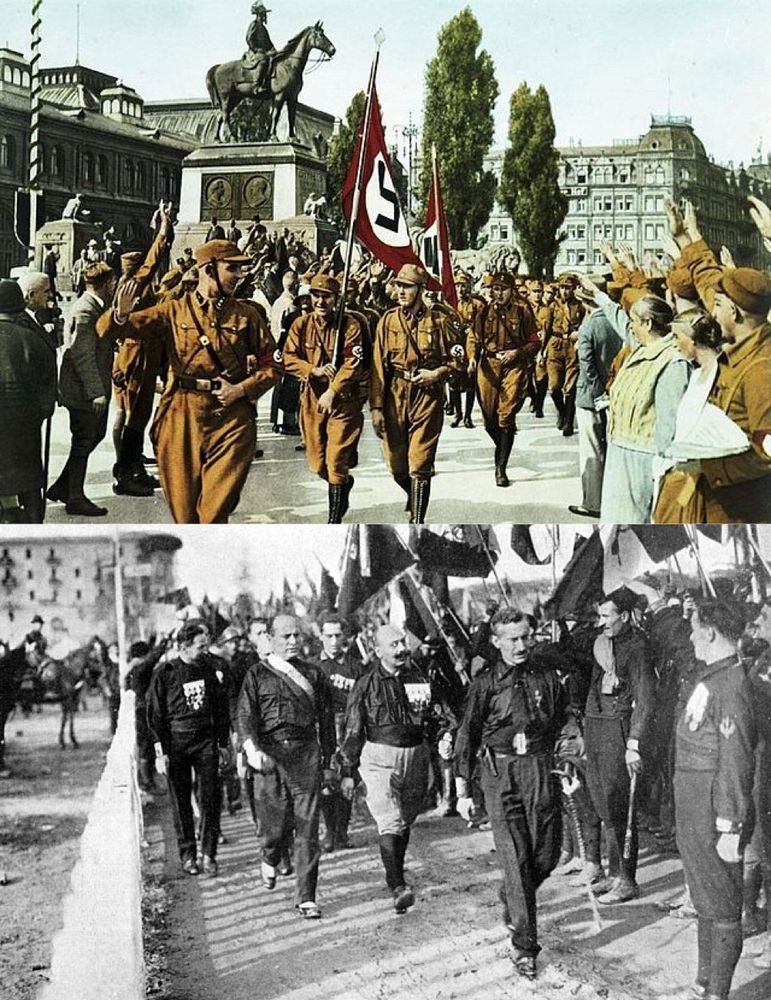 Two pictures: above German Nazis in the German National Socialist Party's paramilitary organization Sturmabteilung (SA), also called Braunhemden, brown shirts. Below the Italian Camicie Nere, the black shirts, which was the paramilitary branch of the Italian Fascist Party. It had a less known real-name: Milizia Volontaria per la Sicurezza Nazionale (MVSN).