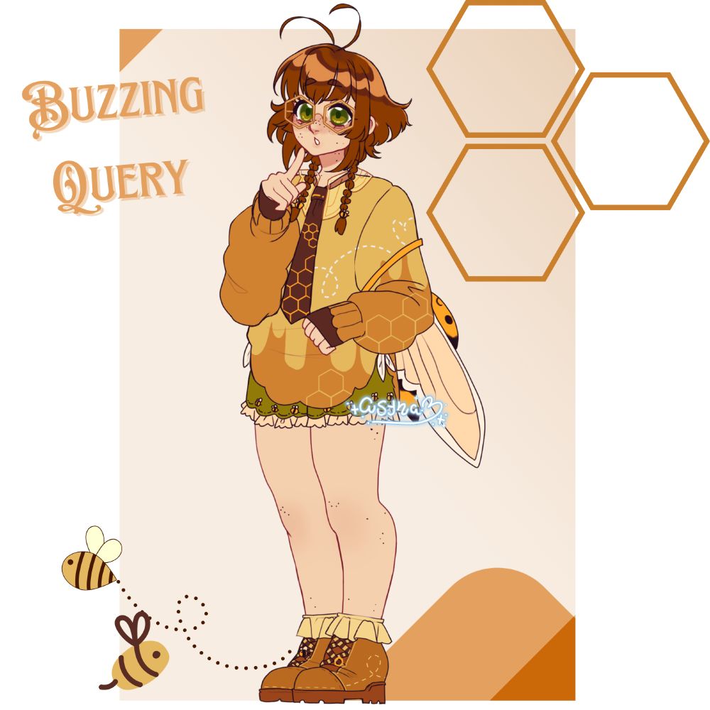 adoptable character design of a bumble bee themed design. the character is looking off curiously with a finger raised to their face in question. they are wearing a baggy sweater with honey and bee motifs as well as a tie to match with a honey comb pattern. they also have a bumble bee themed backpack.