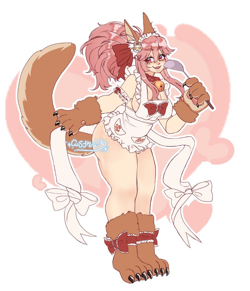 an illustration of tamamo no mae's alter, tamamo cat from the mobile game fate grand order. she is in her third ascension outfit which is just an apron, a maid headdress with a cat accessory and matching paws on both her hands and feet