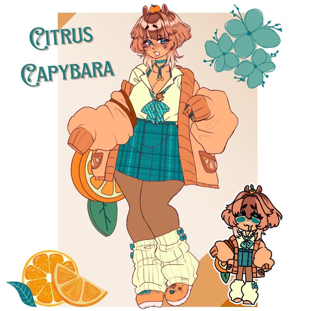 adoptable character design of a citrus kogal themed capybara girl