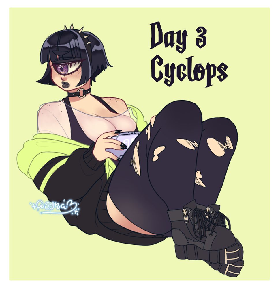 an illustration of a girl with one big eye, usually referred to as a 'cyclops'. she is sitting while looking off to the side, holding a nintendo switch in  her hands as she seems to be be lazing about. she is wearing 'casual goth' attire
