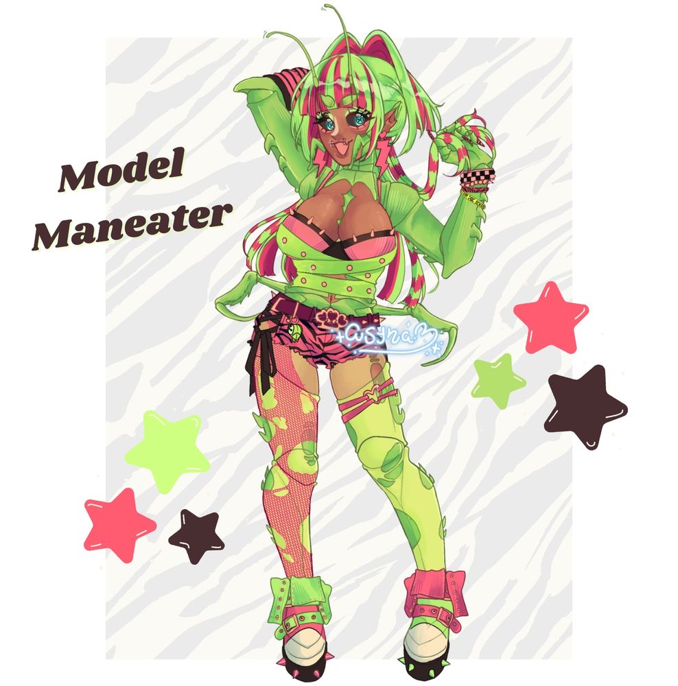 an illustration of a mantis girl in scene/rave inspired fashion. she has various spikes along her body as well as in her accessories to go along with the mantis part of her design. 