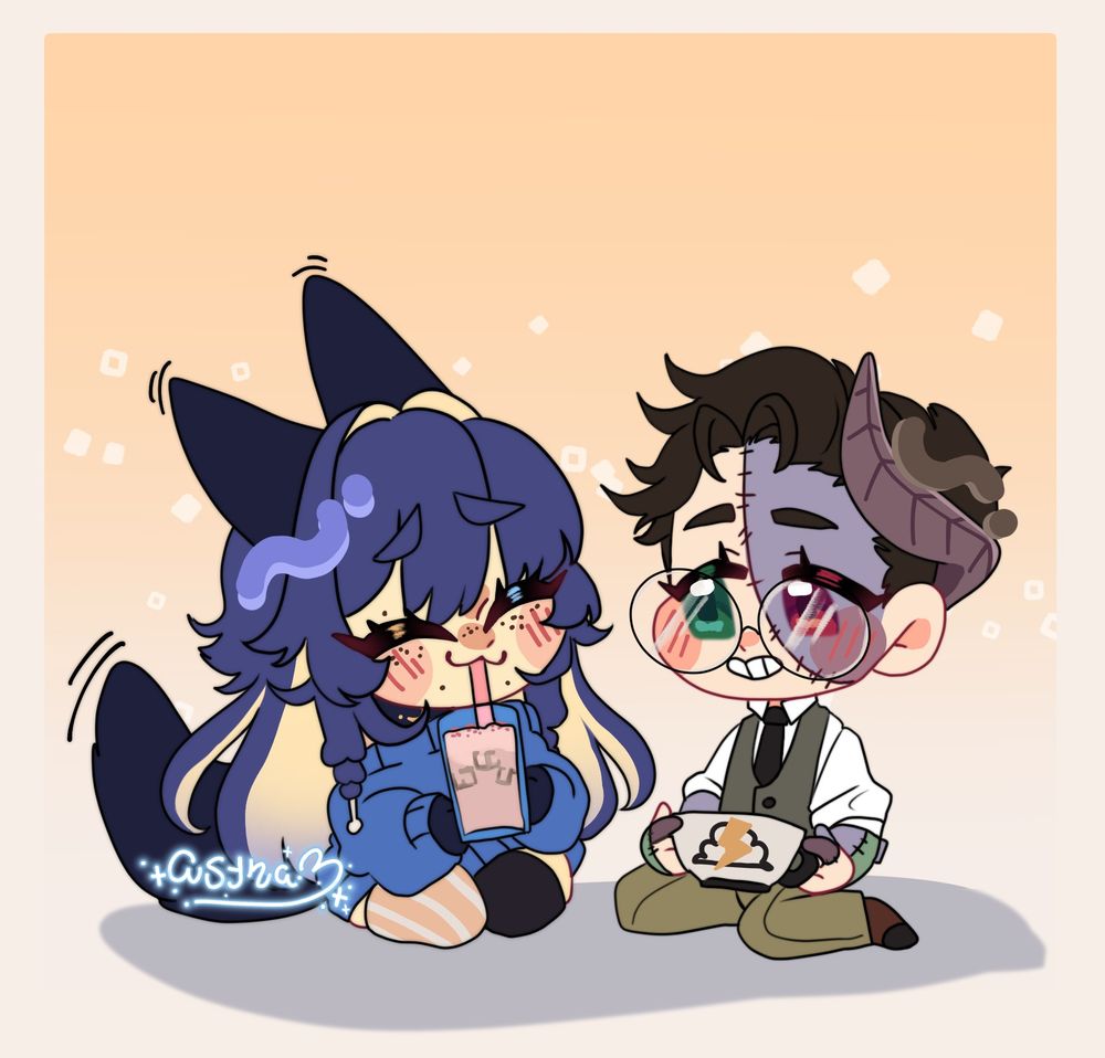 doodle for dicesilvey as thanks for getting me a sweet lil treat from starbucks. i drew us both sitting together as we enjoy some tea <3