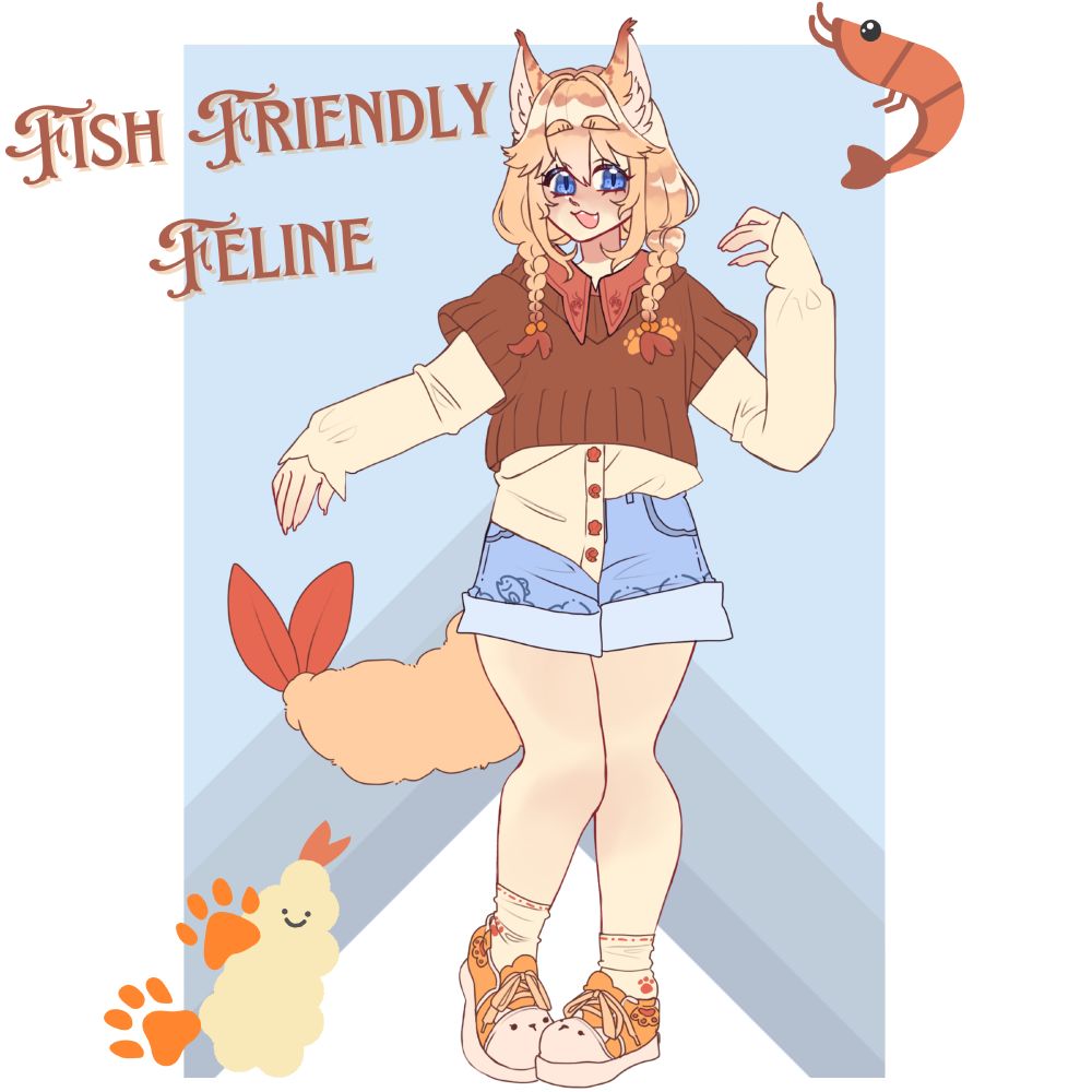 an adoptable character design of a catgirl with a tempura shrimp tail. she is wearing a sweater vest over a blouse and jean shorts with cat themed sneakers.