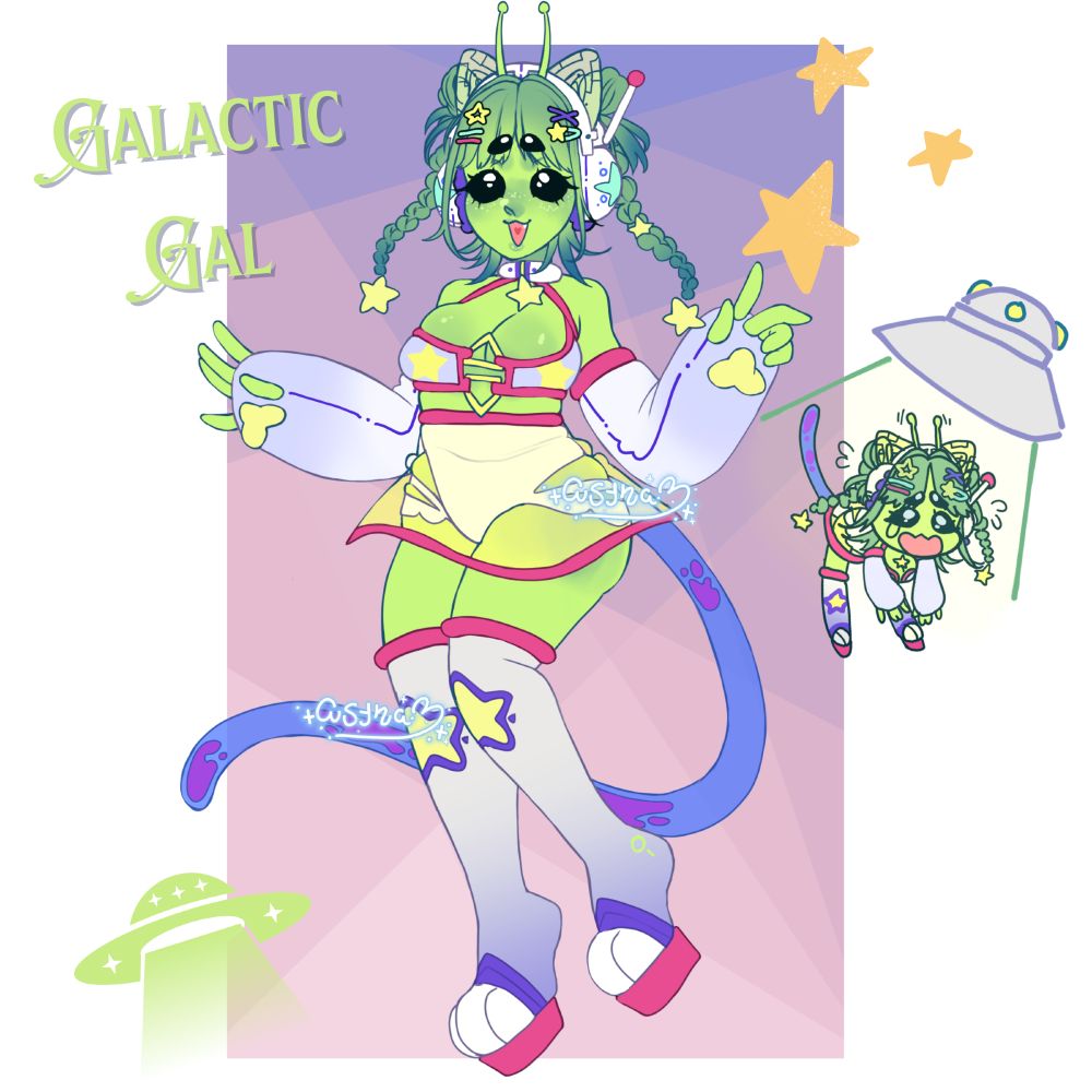 an adoptable character design of an alien catgirl with a lava lamp inspired tail. She is wearing a futuristic outfit with a see through skirt and platform boots. She has puffy fingerless gloves with paw pads on them, her outfit has multiple different star motifs.