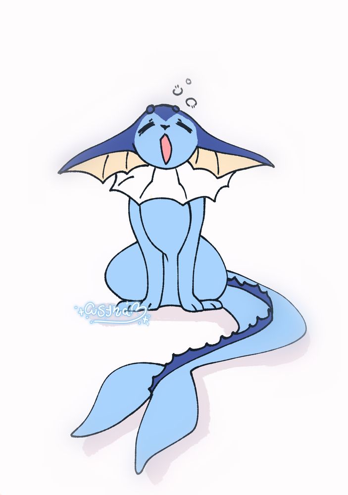 a doodle of the pokemon vaporeon, it is sitting with its tail slightly curled inward as it raises its head to let out a yawn