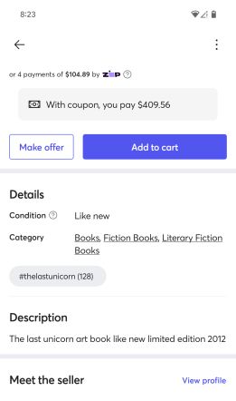 A listing on mercari of a book that belongs to me. The Last Unicorn 2012 Deluxe edition art book. It was a gift from my mother for my birthday many years back. 
My ex partner listed it on mercari for 400$ USD/ approx. 600$ CAD. I followed her mercari to help boost her posts and received notification of a new listing to see my personal belonging for sale.
She promptly changed the description later in the day as seen in the last image in the post. 