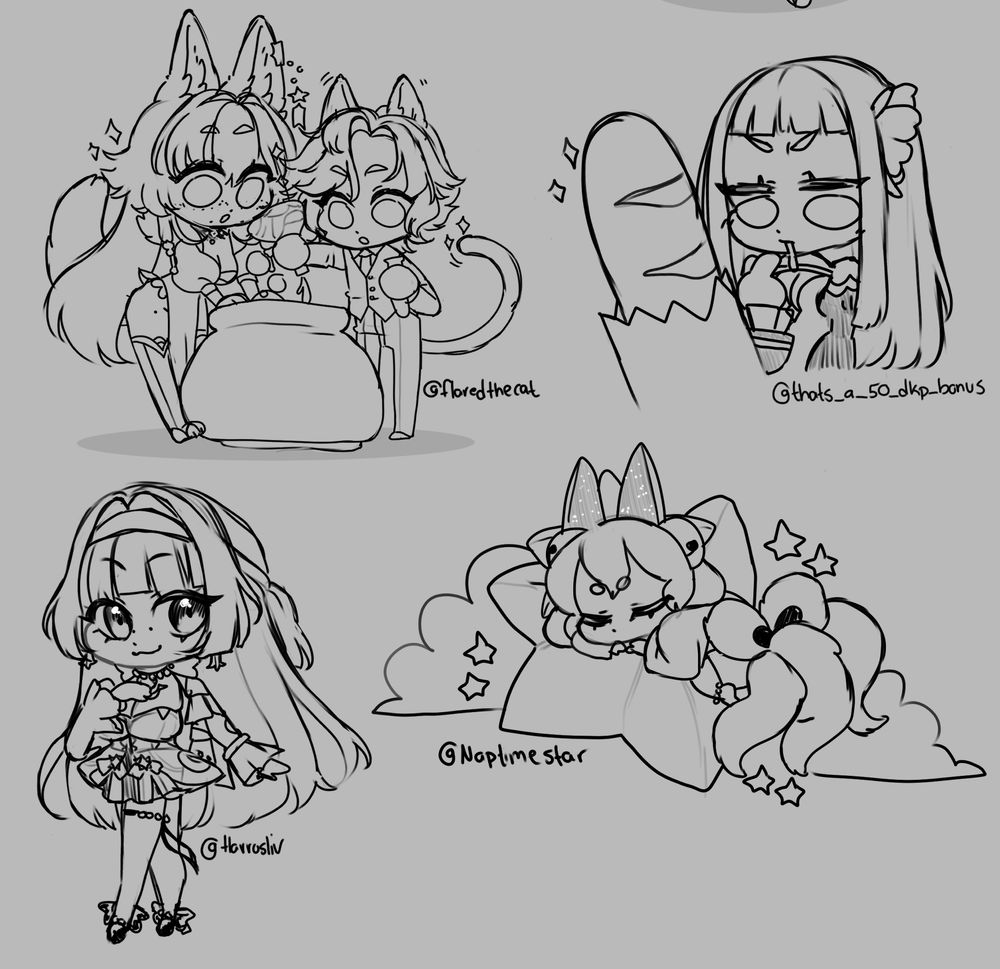 doodles from the night part 2! first we have flared the cat and i making POTIONS! then we have magnolia arch staring hungrily at a baguette, harrosliv requested astra yao from zzz and lastly we have naptimestar all snuggled up atop a big star pillow amongst a couple clouds and a few other stars!
