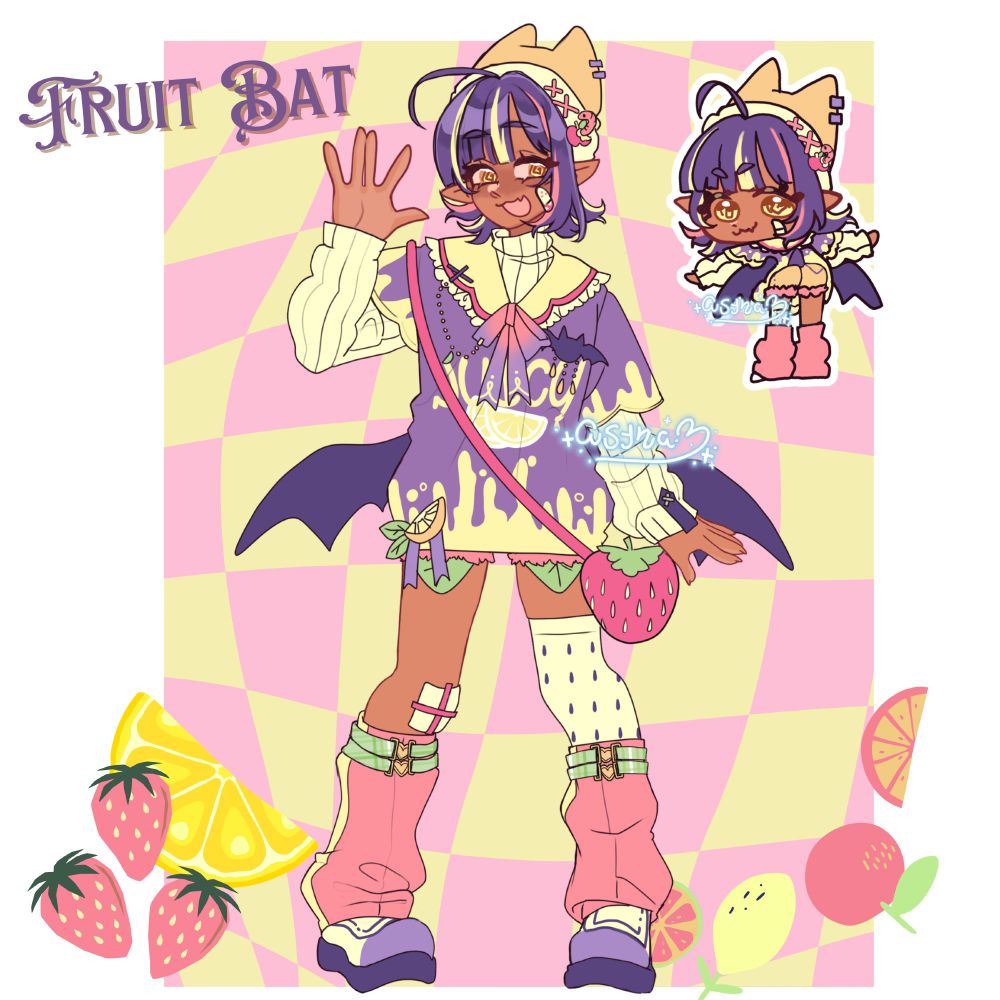 an illustration of a design for adoption. the design has various different colors of purple, yellow, green and pink as well as different fruit motifs throughout it. the character has short wispy multi colors hair and yellow eyes with  tan skin.